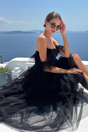 Tulle A-Line Sweetheart Black Prom Dress
