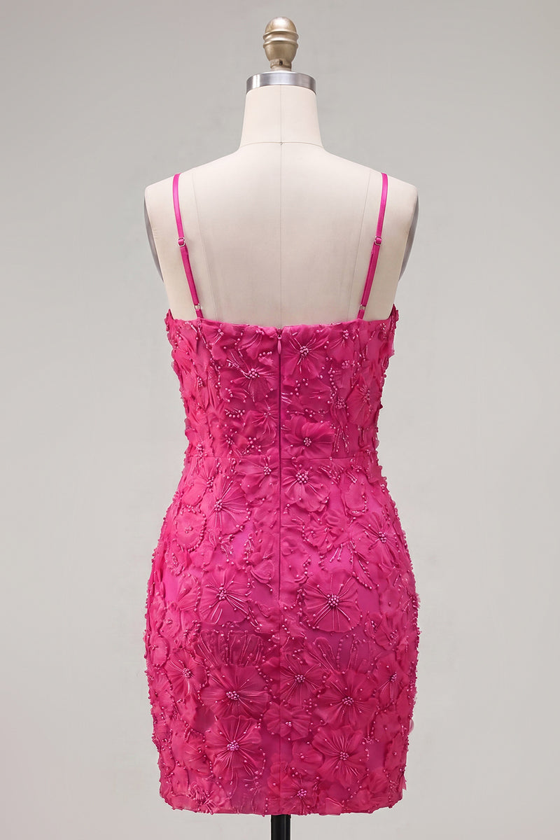 Load image into Gallery viewer, Sparkly Pink Floral Tight Spaghetti Straps Short Birthday Party Dress with Pearls