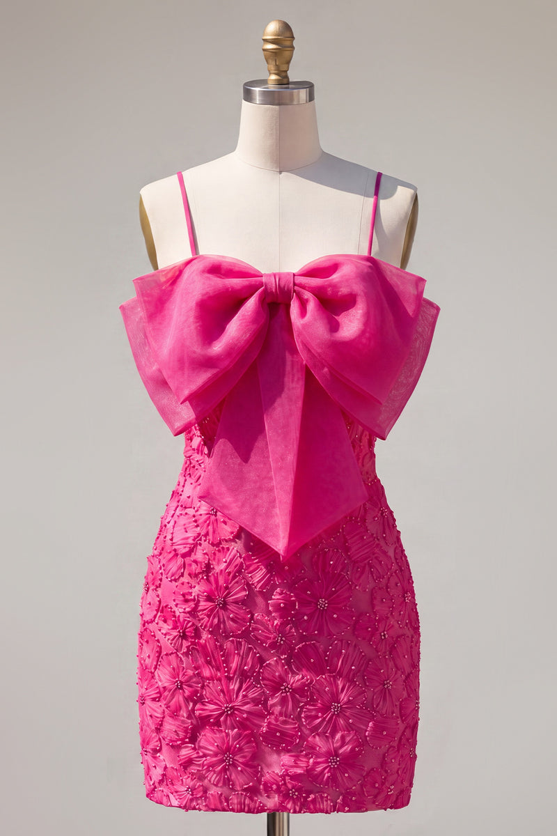 Load image into Gallery viewer, Sparkly Pink Floral Tight Spaghetti Straps Short Birthday Party Dress with Pearls