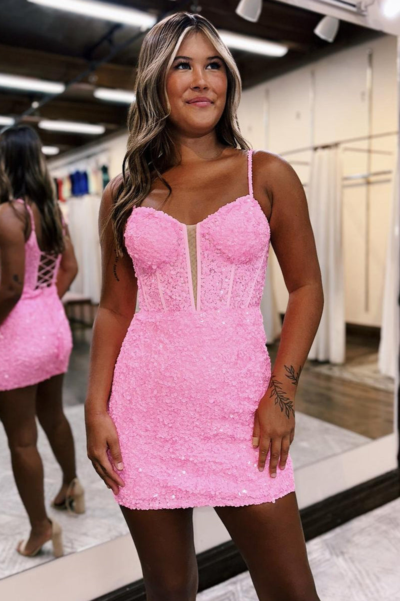 Load image into Gallery viewer, Sparkly Fuchsia Tight Spaghetti Straps Short Prom Dress