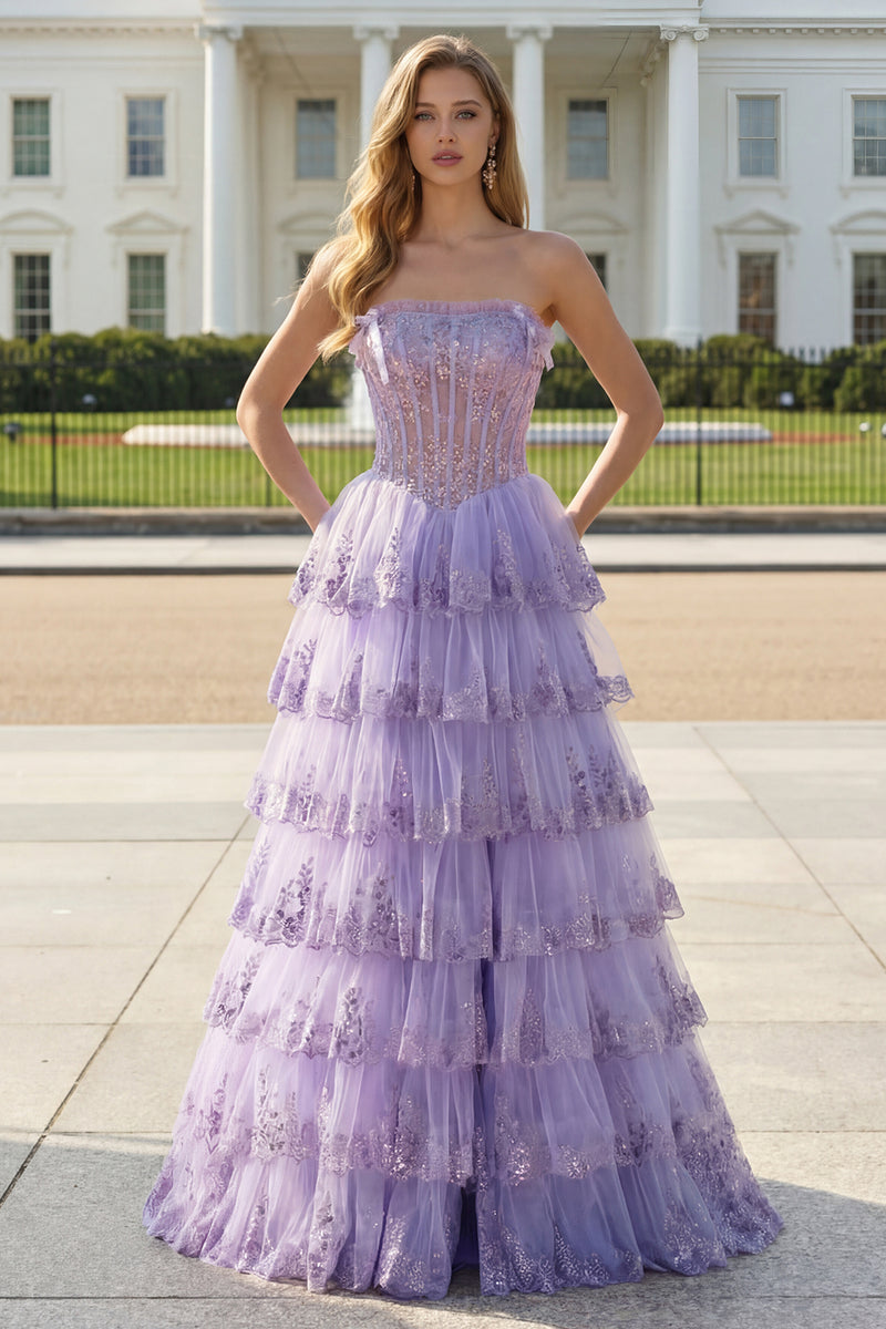 Load image into Gallery viewer, Lilac Floral Tulle Ruffled Long Corset Prom Dress with Slit