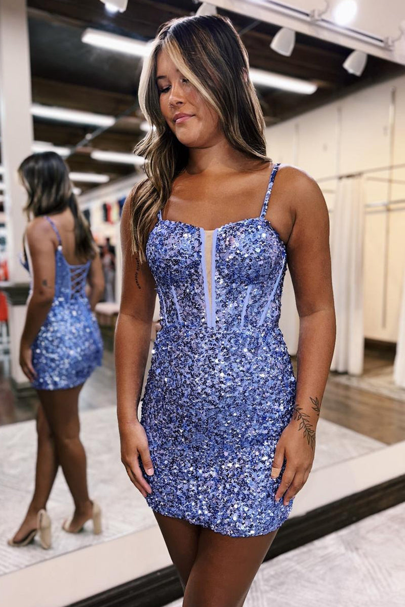 Load image into Gallery viewer, Sparkly Fuchsia Tight Spaghetti Straps Short Prom Dress