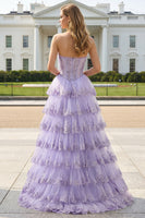 Load image into Gallery viewer, Lilac Floral Tulle Ruffled Long Corset Prom Dress with Slit