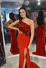 Load image into Gallery viewer, Sparkly Red Mermaid One Shoulder Long Mirror Prom Dress With Slit