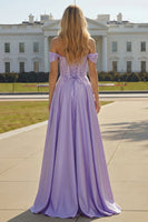 Load image into Gallery viewer, Sparkly Plus Size Purple Satin A Line Beaded Long Corset Prom Dress with Slit