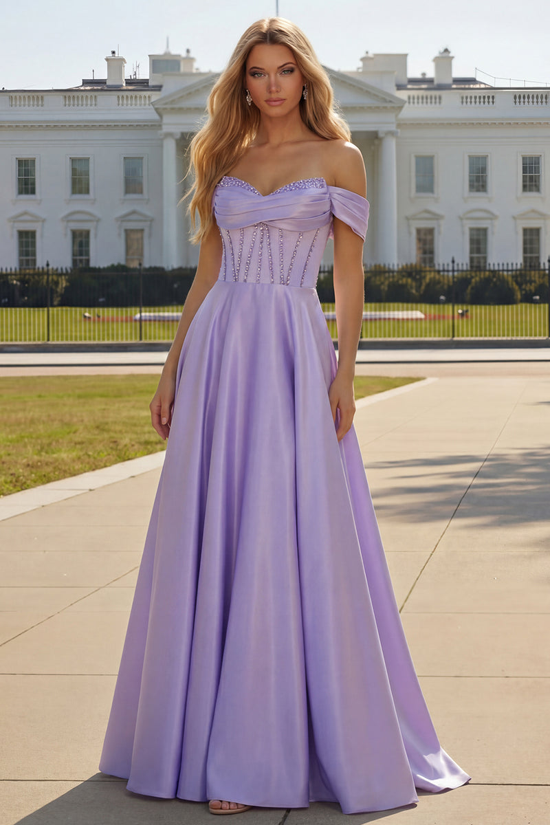 Load image into Gallery viewer, Sparkly Plus Size Purple Satin A Line Beaded Long Corset Prom Dress with Slit