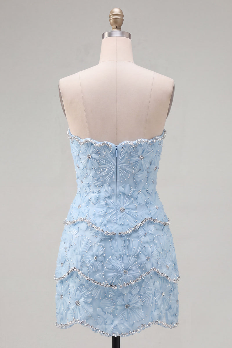 Load image into Gallery viewer, Sparkly Pink Floral Strapless Tight Short Birthday Party Dress with Pearls