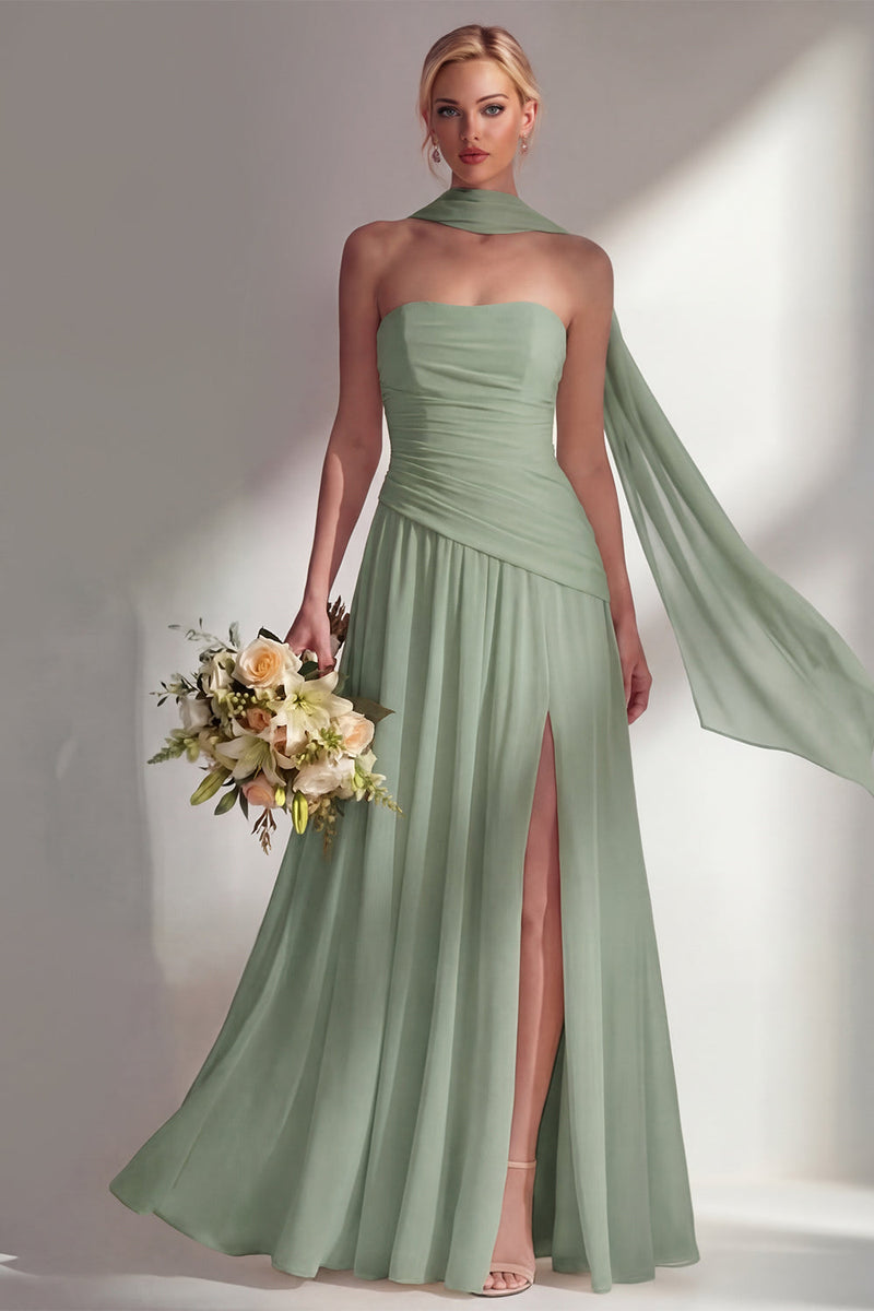 Load image into Gallery viewer, Lilac Strapless Ruched Long Neck Scarf Boho Wedding Guest Dress with Slit