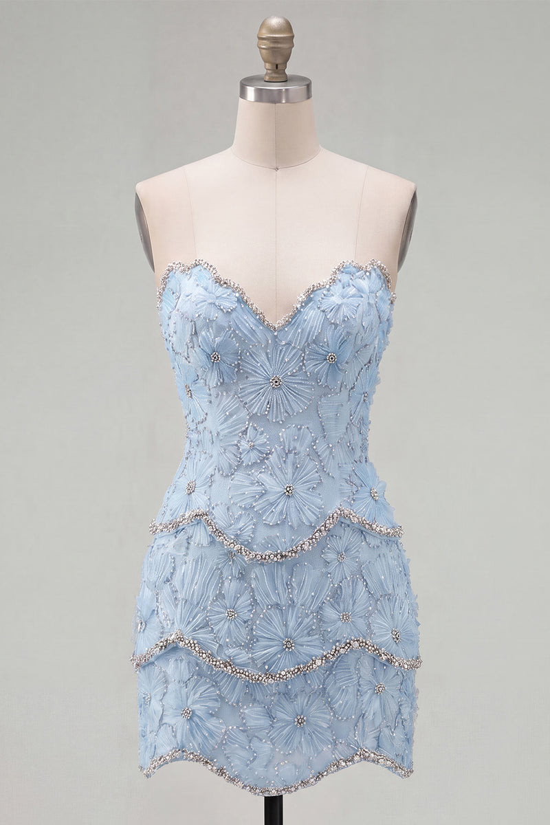 Load image into Gallery viewer, Sparkly Pink Floral Strapless Tight Short Birthday Party Dress with Pearls