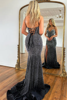 Sparkly Black Beaded Corset Long Prom Dress with Slit