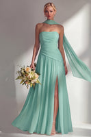 Load image into Gallery viewer, Lilac Strapless Ruched Long Neck Scarf Boho Wedding Guest Dress with Slit