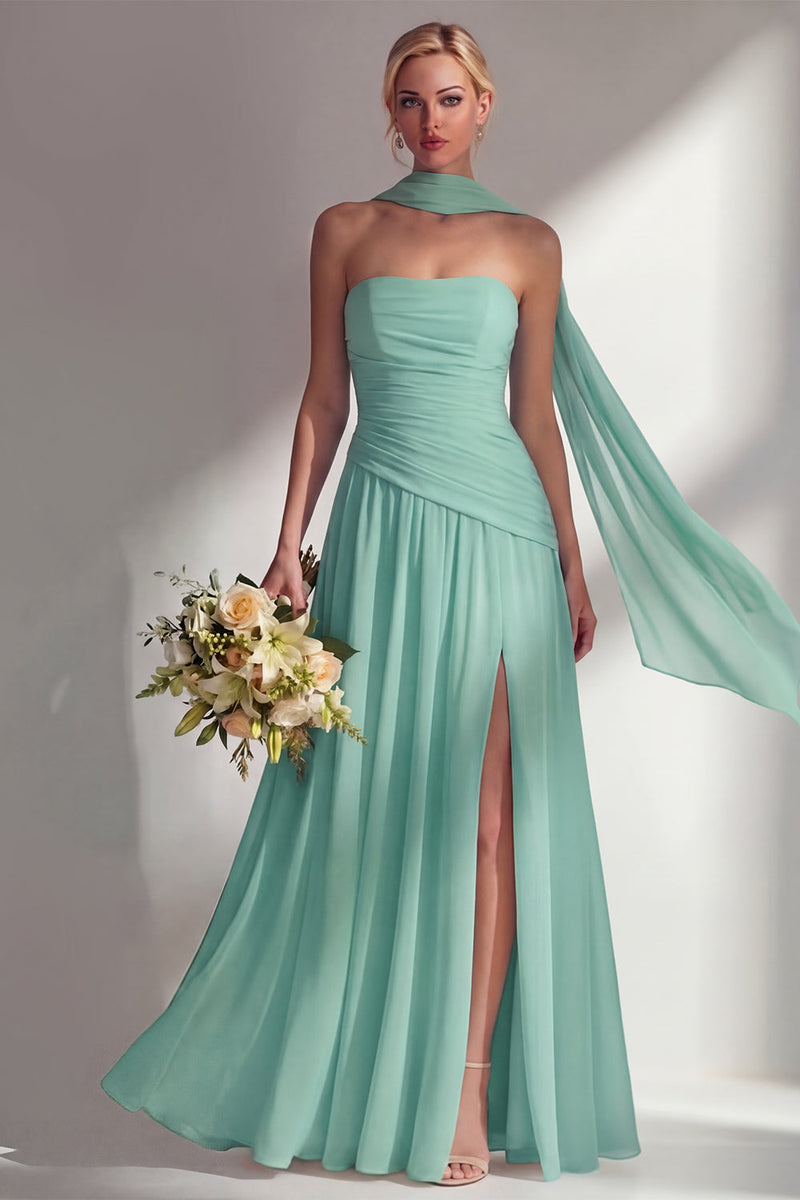 Load image into Gallery viewer, Lilac Strapless Ruched Long Neck Scarf Boho Wedding Guest Dress with Slit