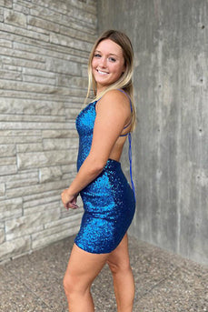 Royal Blue Tight Sequins Backless Party Dress