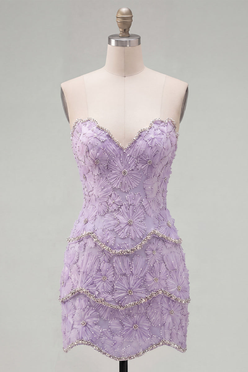 Load image into Gallery viewer, Sparkly Pink Floral Strapless Tight Short Birthday Party Dress with Pearls