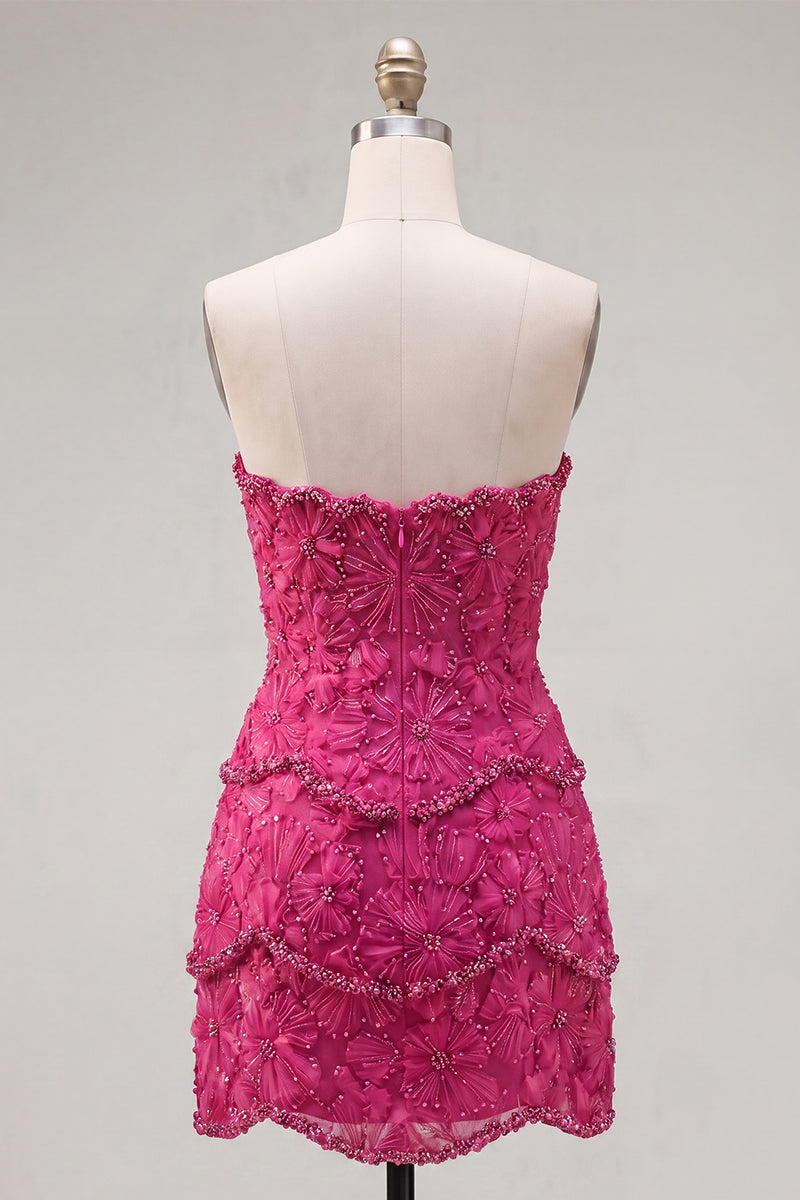 Load image into Gallery viewer, Sparkly Pink Floral Strapless Tight Short Birthday Party Dress with Pearls