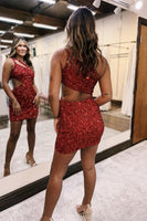 Load image into Gallery viewer, Sparkly Red One Shoulder Sequins Tight Short Prom Dress
