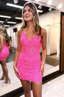 Load image into Gallery viewer, Sparkly Fuchsia Bodycon Short Prom Dress with Feathers