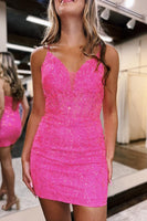 Load image into Gallery viewer, Sparkly Fuchsia Bodycon Short Prom Dress with Feathers