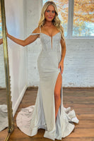 Load image into Gallery viewer, Sparkly Grey Beaded Mermaid Long Prom Dress with Slit