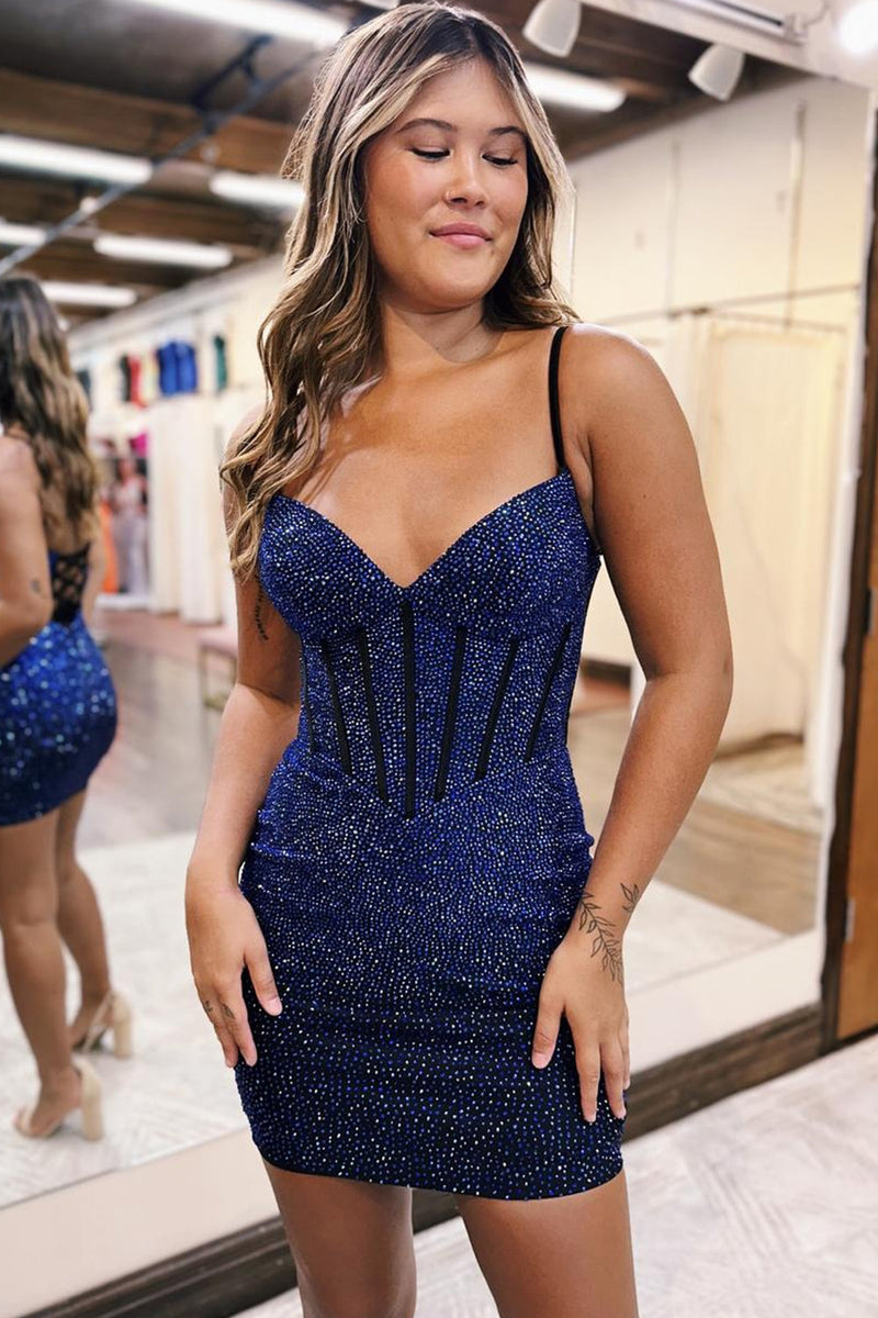 Load image into Gallery viewer, Sparkly Royal Blue Beaded Corset Bodycon Short Party Dress