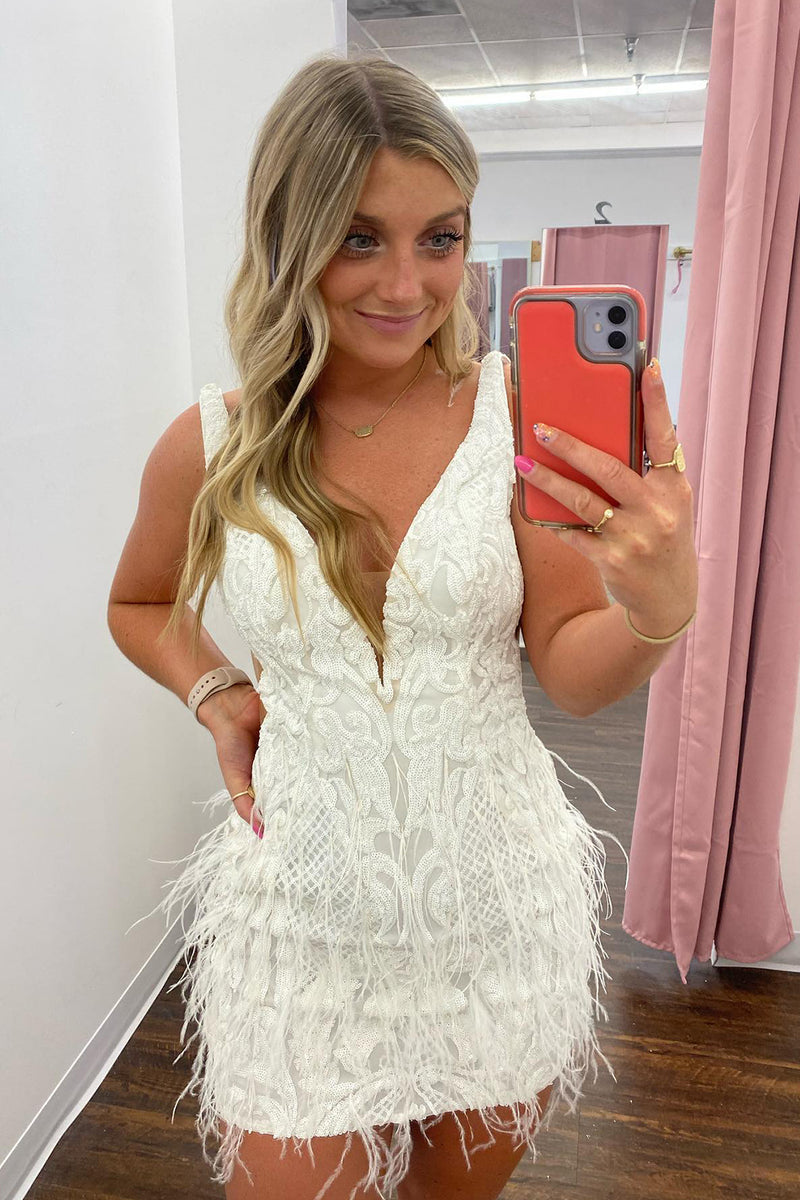 Load image into Gallery viewer, Lilac Sequin Deep V Neck Party Dress with Feathers