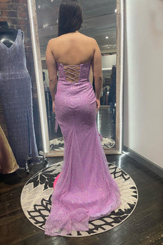 Lilac Mermaid Long Beaded Prom Dress With Fringed Slit