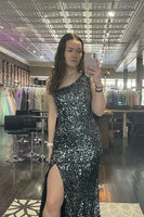 Load image into Gallery viewer, Sparkly Black One Shoulder Mermaid Long Prom Dress With Slit
