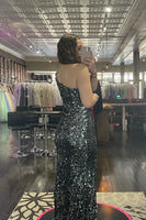 Load image into Gallery viewer, Sparkly Black One Shoulder Mermaid Long Prom Dress With Slit