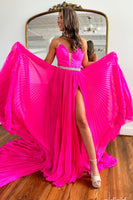 Load image into Gallery viewer, Sparkly Hot Pink Chiffon Pleated Long Prom Dress with Slit