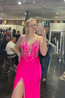 Load image into Gallery viewer, Fuchsia Mermaid V Neck Long Appliqued Prom Dress With Slit