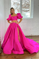 Load image into Gallery viewer, Hot Pink A-Line Short Sleeves Long Prom Dress with Slit