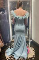 Load image into Gallery viewer, Light Blue Feathered Neck Mermaid Long Prom Dress With Slit