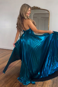 Glitter Turquoise Halter Cut Out Backless Metallic Long Prom Dress with Slit