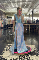 Load image into Gallery viewer, Sparkly Light Blue Mermaid Backless Long Feathered Prom Dress With Slit