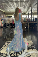 Load image into Gallery viewer, Sparkly Light Blue Mermaid Backless Long Feathered Prom Dress With Slit