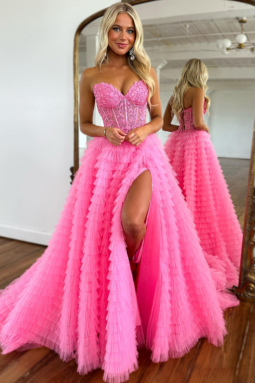 Hot Pink A-Line Long Corset Ball Prom Dress with Accessory