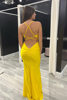 Bright Yellow Mermaid Spaghetti Straps Long Prom Dress