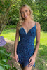 Load image into Gallery viewer, Women Sparkly Blue Beaded Tight Short Party Dress with Fringes Spaghetti Straps Lace-Up Back Cocktail Dress