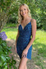 Load image into Gallery viewer, Sparkly Peacock Blue Beaded Lace-Up Back Tight Short Prom Dress with Fringes