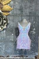 Load image into Gallery viewer, Lilac Sequin Deep V Neck Party Dress with Feathers