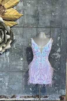Lilac Sequin Deep V Neck Party Dress with Feathers