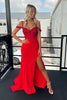 Load image into Gallery viewer, Mermaid Cold Shoulder Red Sequins Prom Dress with Slit