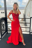 Load image into Gallery viewer, Mermaid Cold Shoulder Red Sequins Prom Dress with Slit
