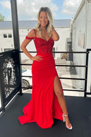 Load image into Gallery viewer, Mermaid Cold Shoulder Red Sequins Prom Dress with Slit