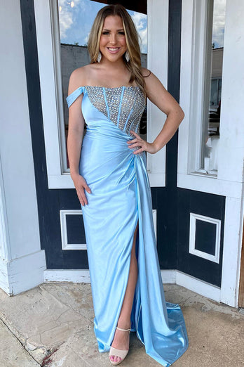 Satin Light Blue Beaded Prom Dress with Corset