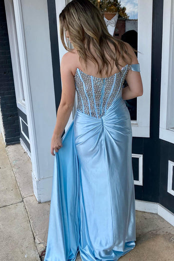 Satin Light Blue Beaded Prom Dress with Corset
