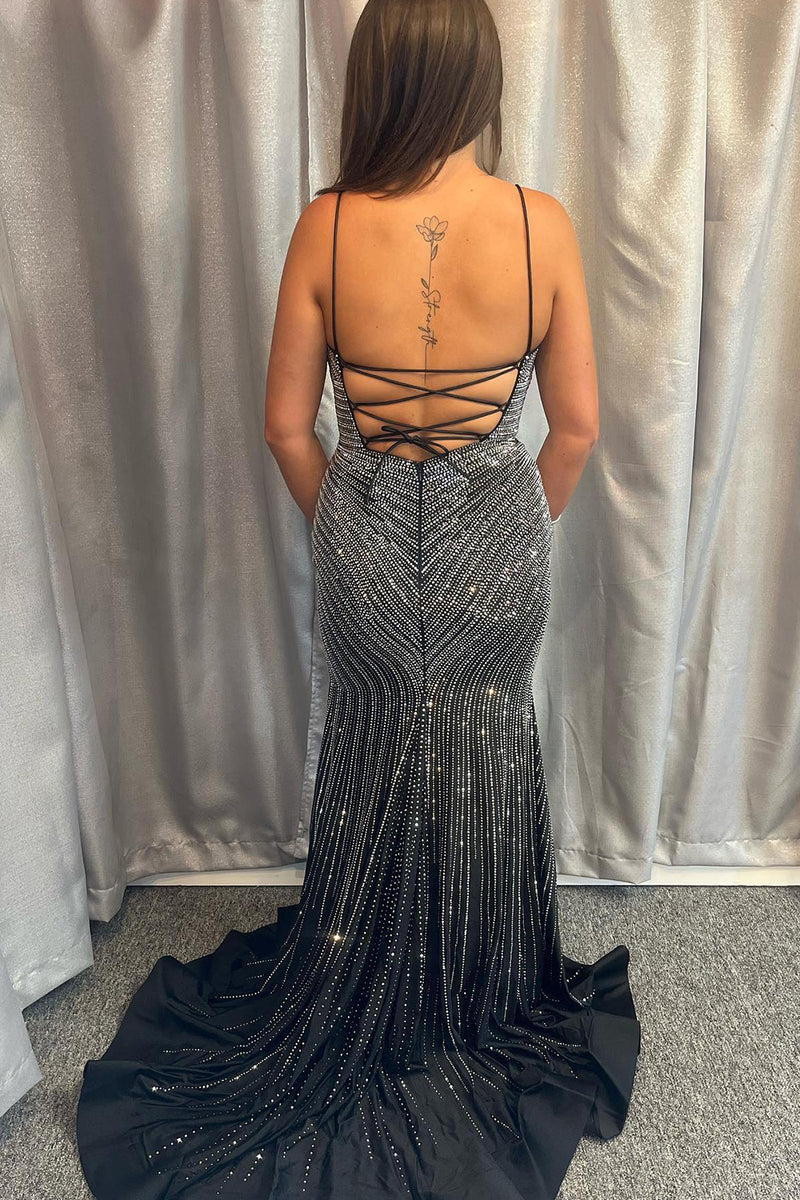 Load image into Gallery viewer, Sparkly Mermaid Spaghetti Straps Black Prom Dress with Slit