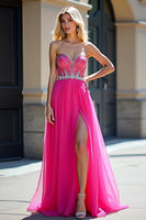 Load image into Gallery viewer, Fuchsia Sweetheart Tulle Long Beaded Prom Dress with Slit