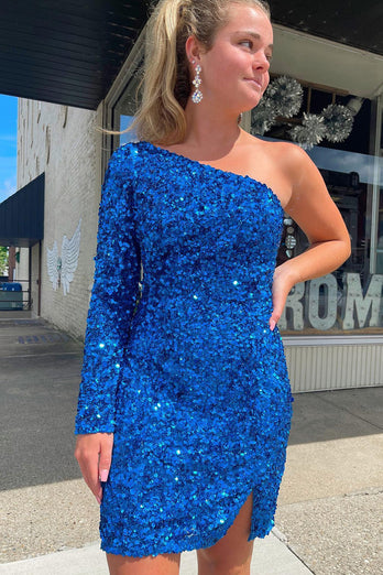 Blue Sequins Party Dress with Sleeves