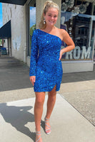 Load image into Gallery viewer, Blue Sequins Party Dress with Sleeves